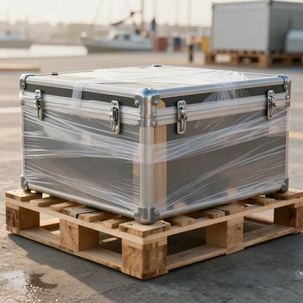 Caja de exportación sellada con palé, film tenso y maletín de tránsito en un muelle portuario.