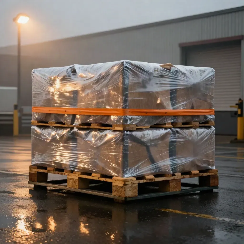 Palé consolidado en patio mojado con luz dramática y niebla de lluvia.