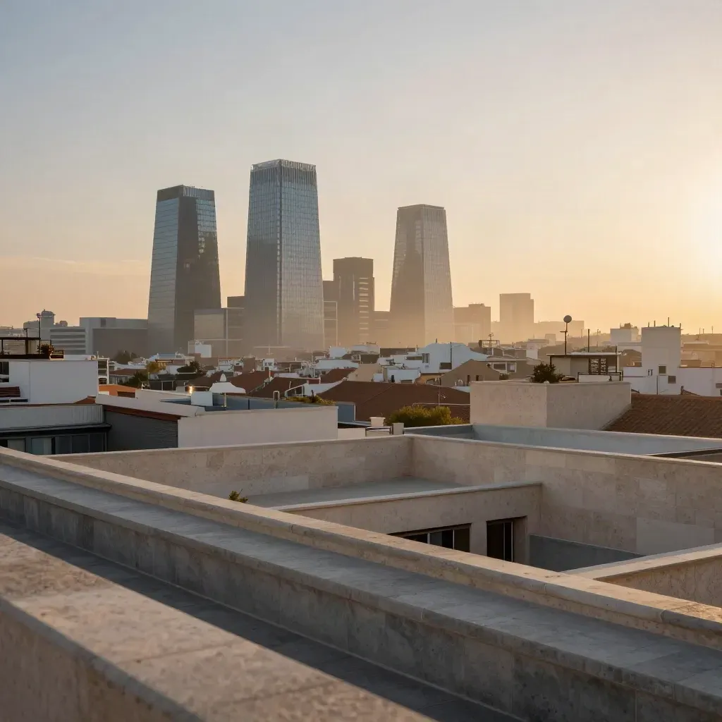 Horizonte de Madrid al amanecer con las Cuatro Torres sobre una neblina dorada.