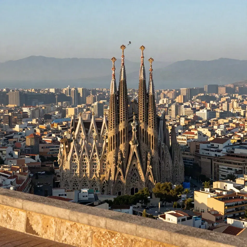 Torres de la Sagrada Família sobre Barcelona al atardecer con bruma marina.