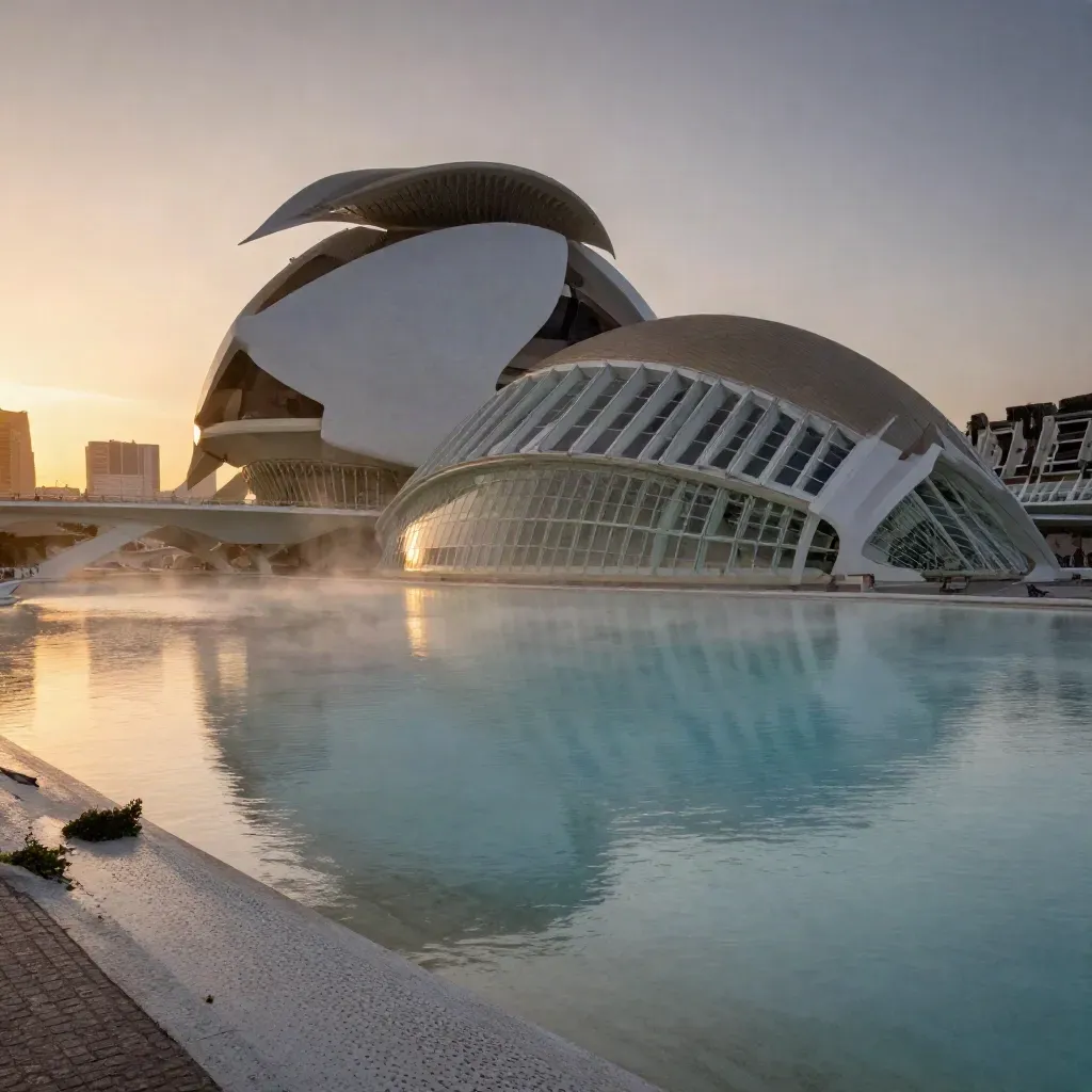 Ciudad de las Artes y las Ciencias sobre agua quieta en el atardecer de Valencia, con neblina suave.