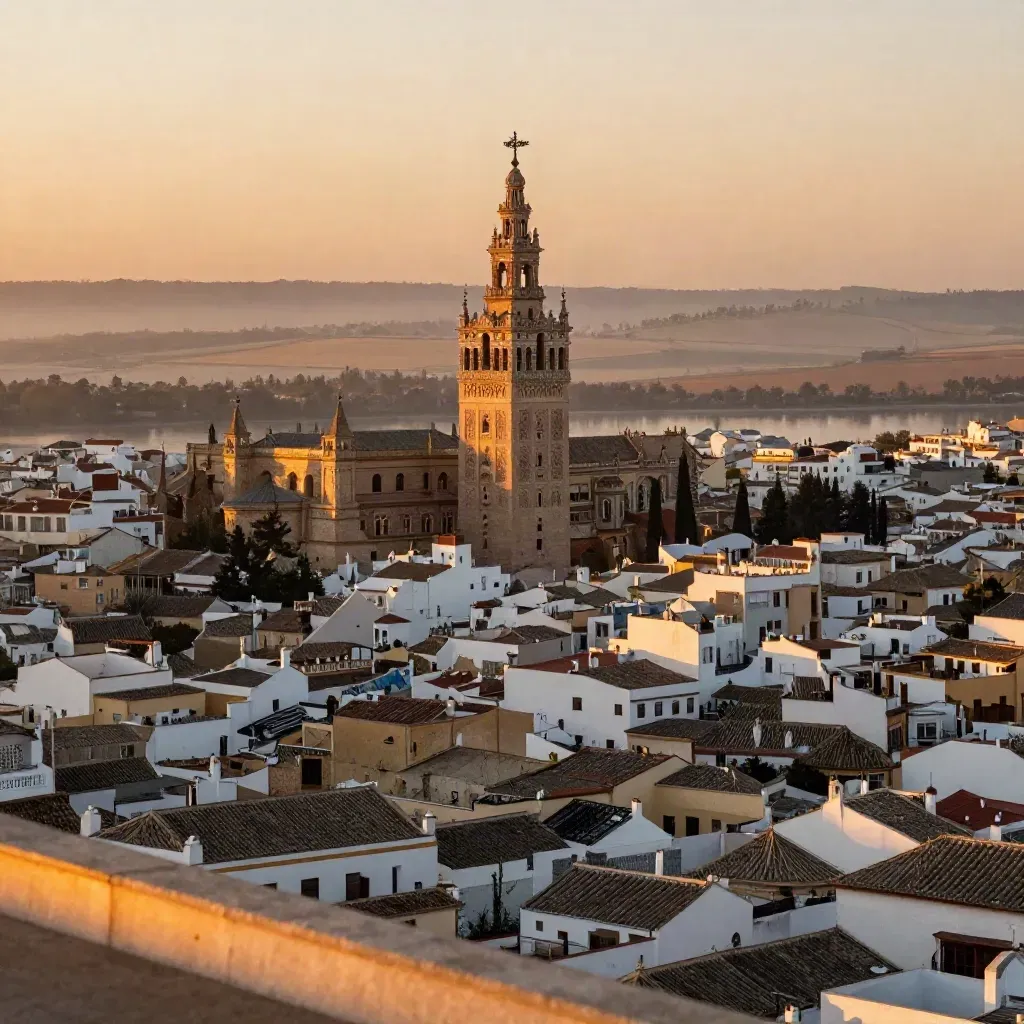 La Giralda sobre tejados blancos y niebla cálida al atardecer en Sevilla.