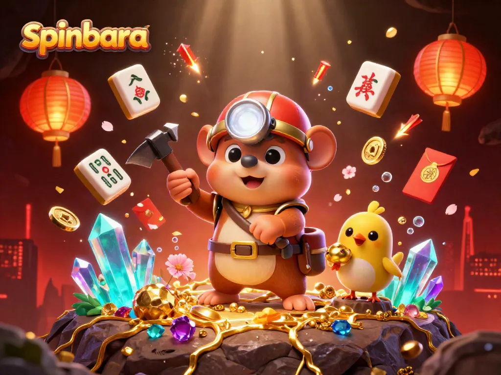 Engage with Spinbara Casino's thrilling gaming scene featuring a treasure hunter mole and vibrant symbols.